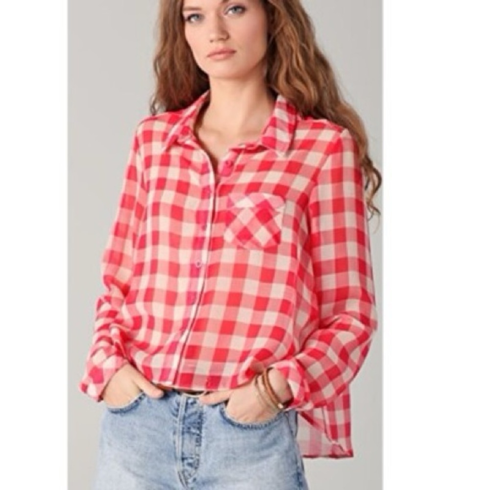 Free People Sheer Gingham Button Down Blouse Size XS | Farmhouse Cottage Fall - Picture 1 of 5